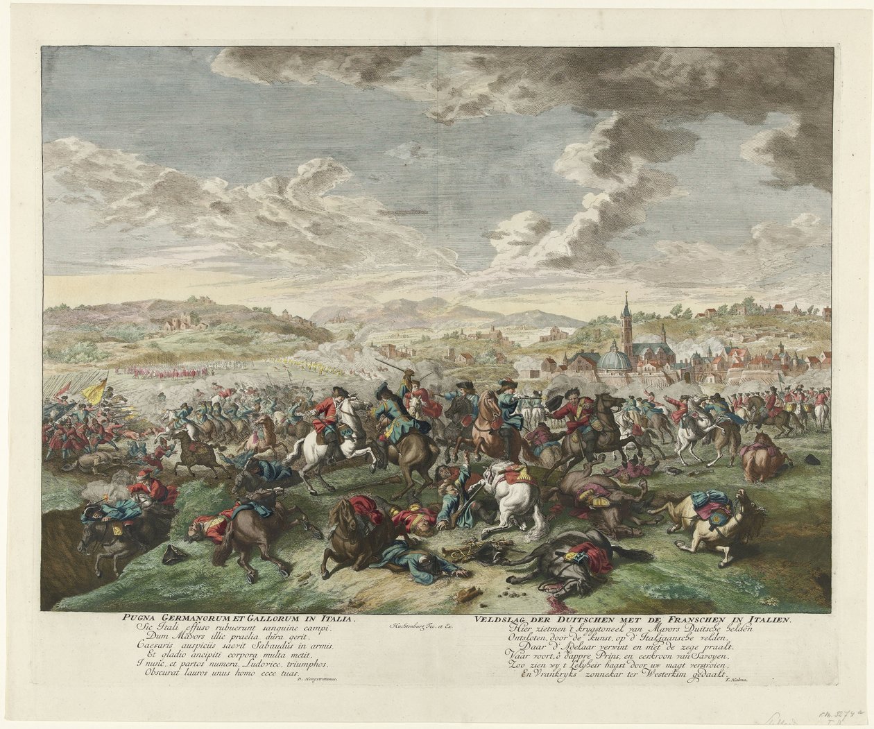 Ratsastustaistelu Pohjois-Italiassa, noin 1702-1703 Pugna Germanorum et Gallorum in Italia / Saksalaisten taistelu ranskalaisten kanssa Italiassa (otsikko esineessä) tekijältä Jan van Huchtenburg