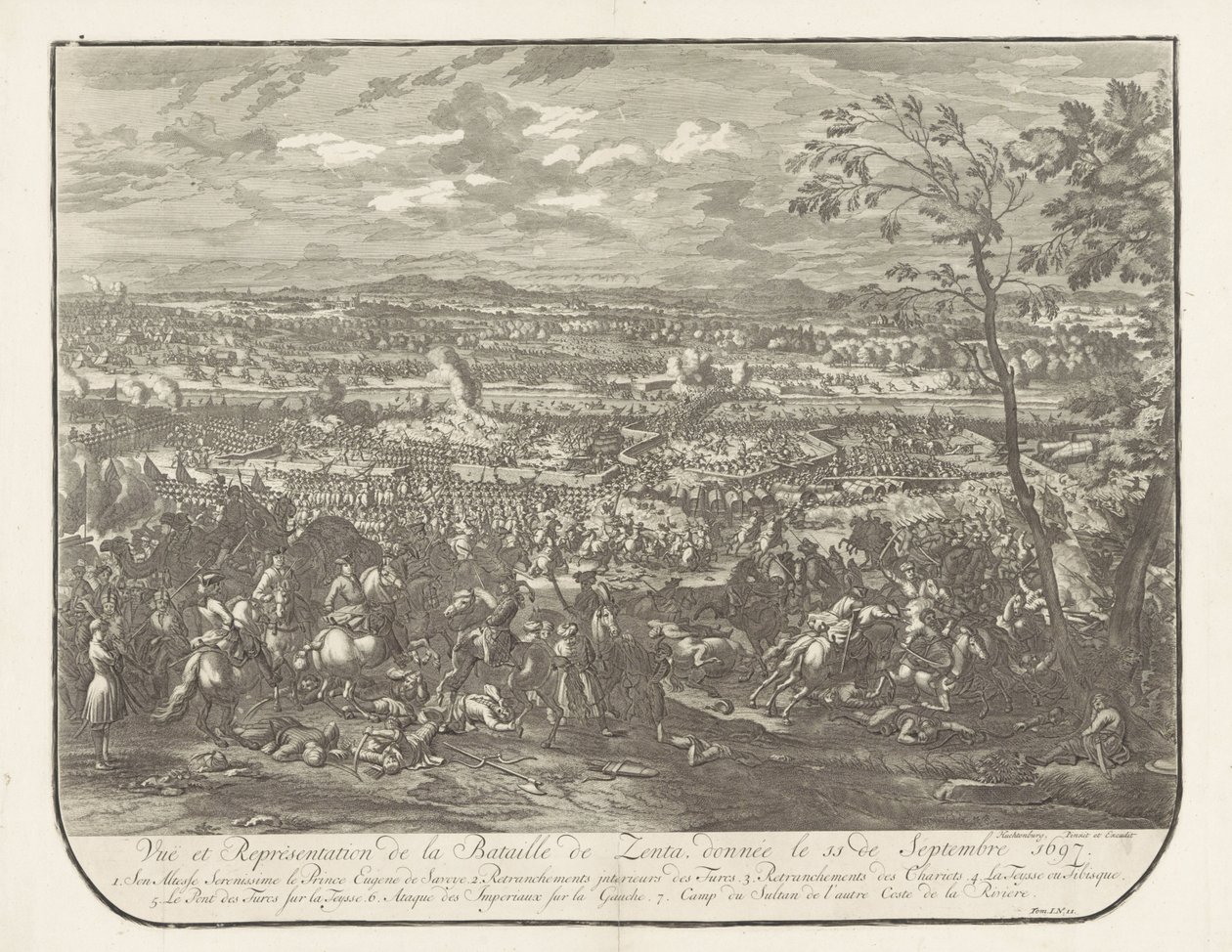 Kuona Sentassa, 1697 Näkymä ja esitys Zentan taistelusta, annettu 11. syyskuuta 1697 (otsikko esineessä) tekijältä Jan van Huchtenburg