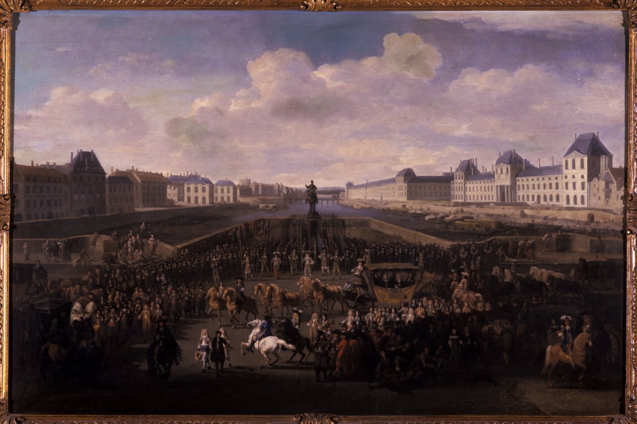 Louis XIV lähestyy Pont Neufia, Pariisi, 1674 (öljy tammen päällä) tekijältä Jan van Huchtenburgh