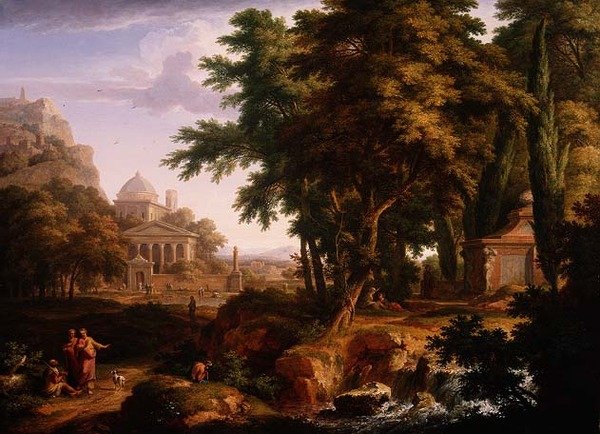 Arkadian maisema Pyhän Pietarin ja Pyhän Johanneksen kanssa parantamassa rampautunutta miestä, 1724-25 (pari numeroon 68871) tekijältä Jan van Huysum