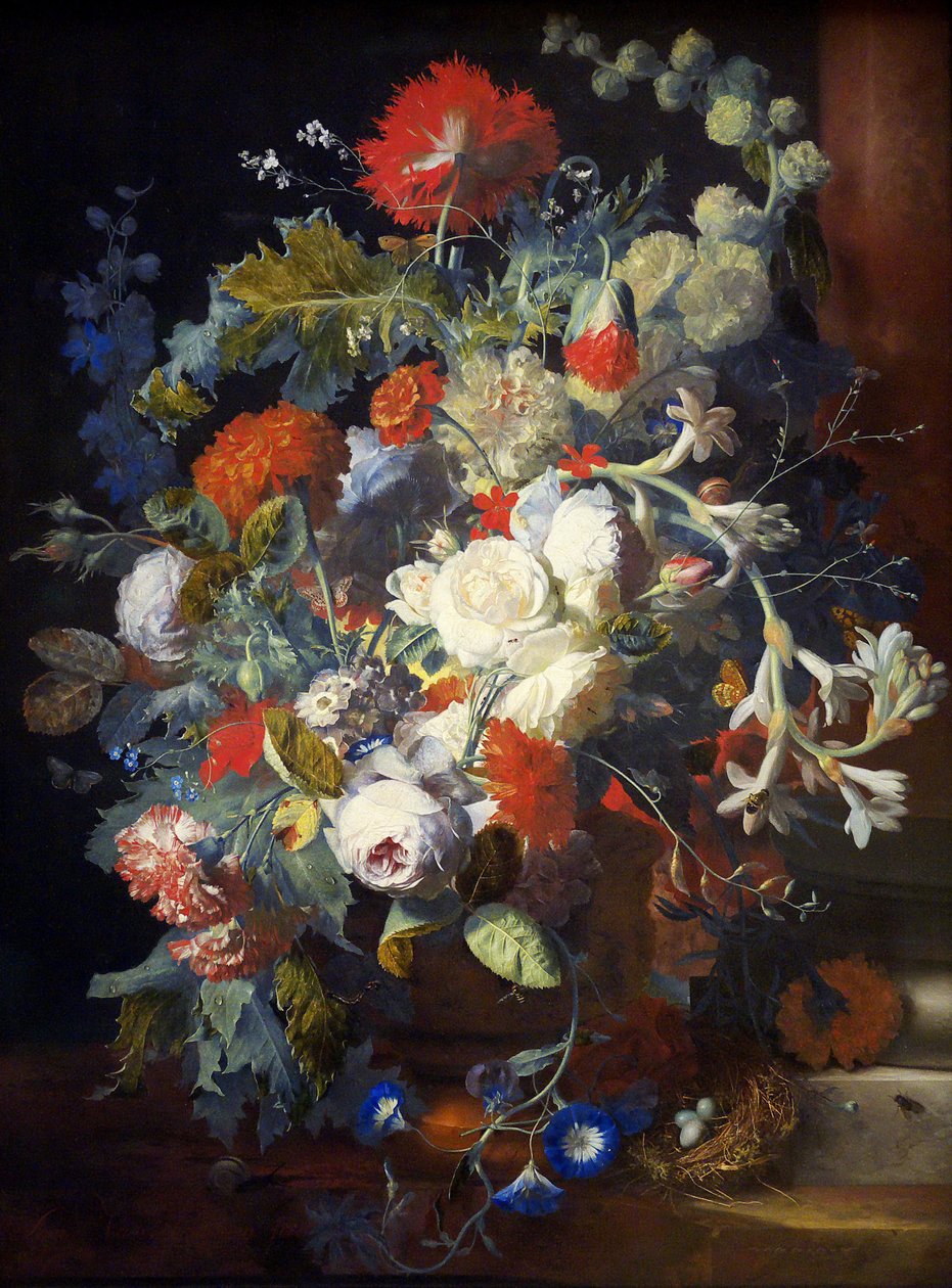 Kukkakimppu pylväässä - Jan van Huysum (1682-1749). Öljy puulle, 1700-luvun ensimmäinen puolisko. Mitat: 80,2x60,3 cm. Taidehistoriallinen museo, Vienne tekijältä Jan van Huysum