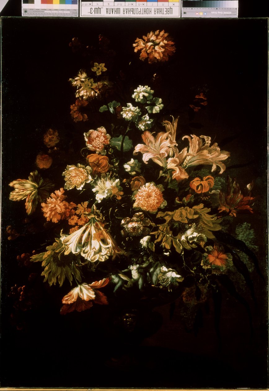 Kukat (kukat). Kukkakimpun asetelma. Jan van Huysumin (1682-1749) maalaus tekijältä Jan van Huysum