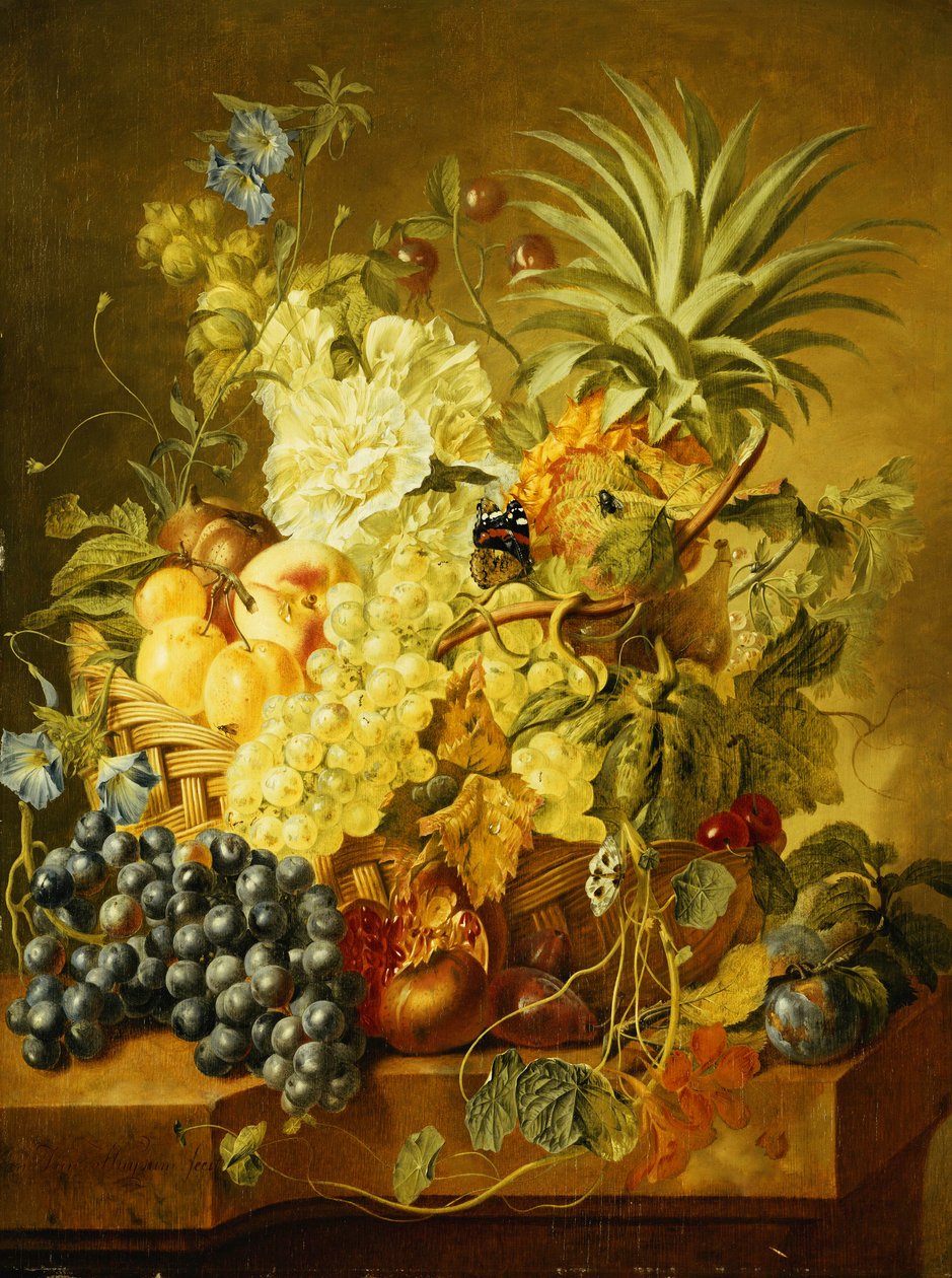 Luumut, persikka, viinirypäleet, meloni, ananas, viikuna, herukat, kirsikat ja kukat korissa ja viinirypäleet, granaattiomena, luumut ja viikuna, perhosia kivireunassa tekijältä Jan van Huysum