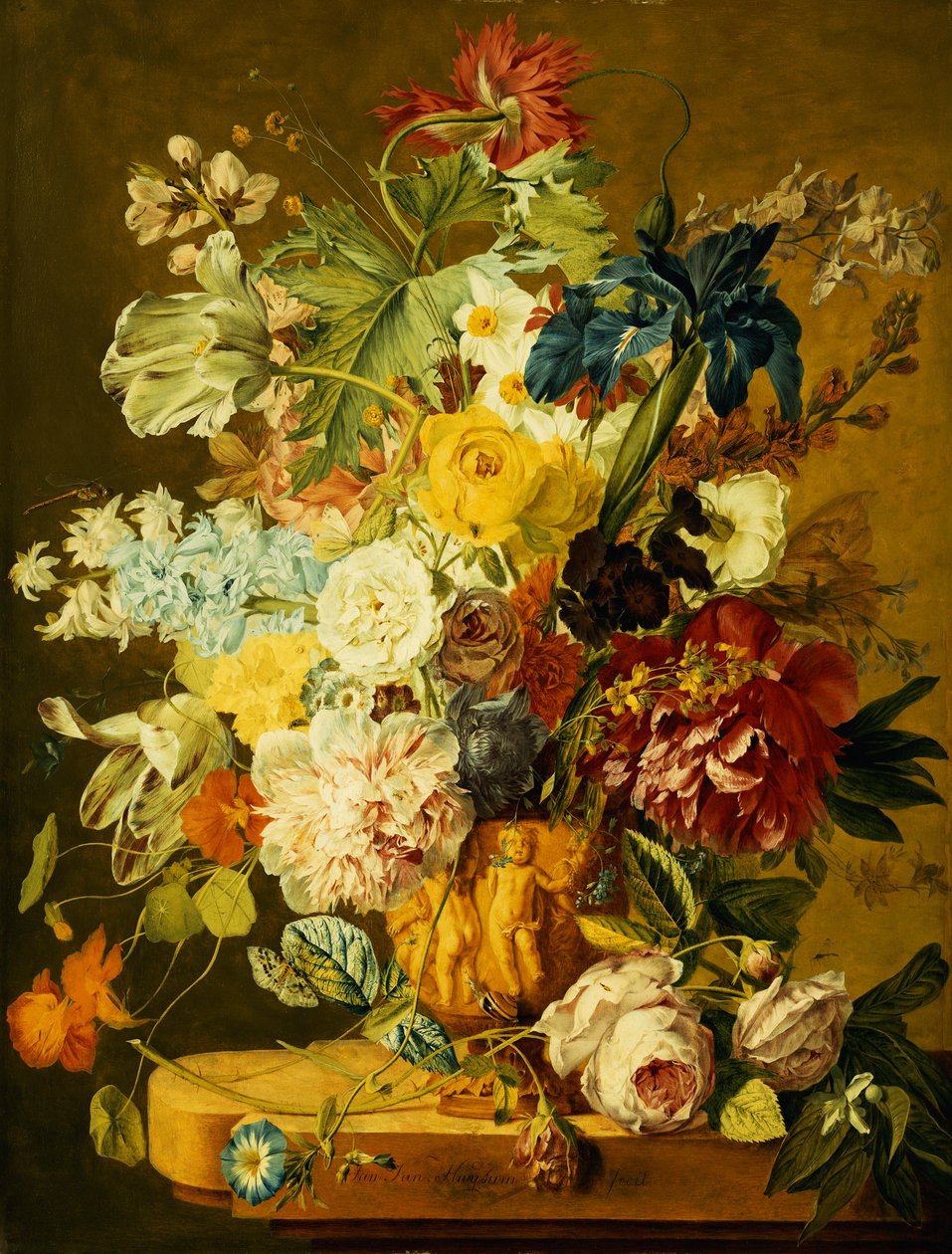 Ruusut, pionit, tulppaanit, Morning Glory, Iris, Columbine, Unikko, Jonquils ja muita kukkia veistetyssä uurnassa kivireunuksella tekijältä Jan van Huysum