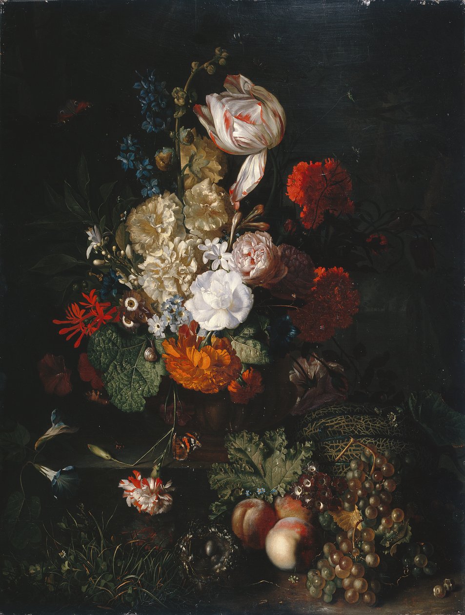 Asetelma: Kukat ja hedelmät, n. 1700-20 (öljy paneelille) tekijältä Jan van Huysum
