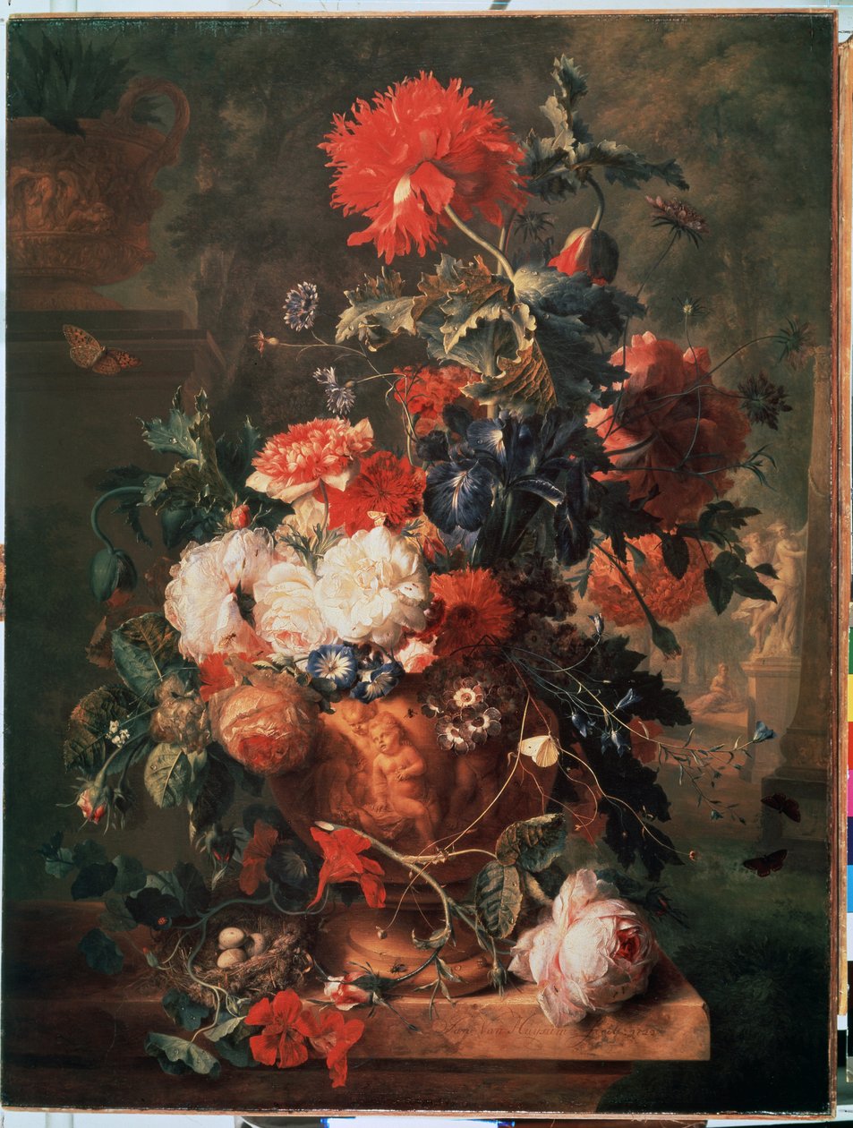 ""Kukkakimppu"" (Kukat) Edustettuna on myös pesä, jossa on munia ja hyönteisiä (mukaan lukien perhonen, kärpänen, muurahainen ja leppäkerttu) Jan van Huysumin (1682-1749) maalaus 1722 Eremitaaši Pietari tekijältä Jan van Huysums