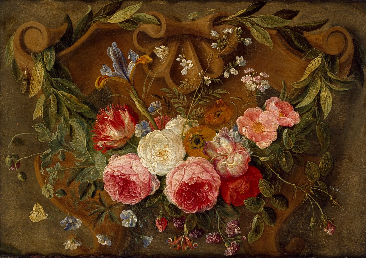 Koristeellinen asetelma, jossa on kukkaseppele, 1600-luvun puoliväli tekijältä Jan van Kessel
