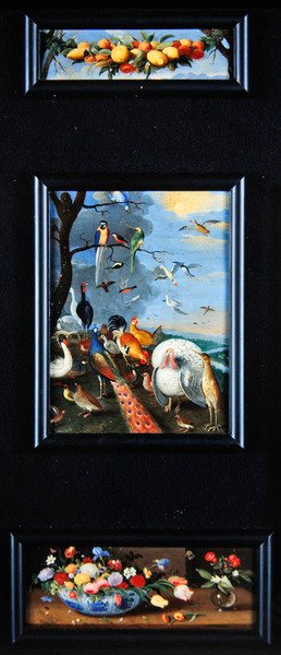 Asetelmataulut - hedelmäseppele, erilaisia lintuja, kukkakimppuja tekijältä Jan van Kessel the Elder