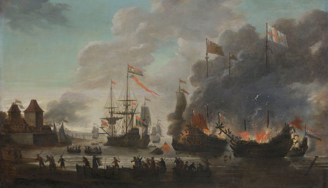 Hollantilaiset palavat englantilaisia laivoja Hollannin hyökkäyksen aikana Medwaylla, 20. kesäkuuta 1667 tekijältä Jan van Leyden