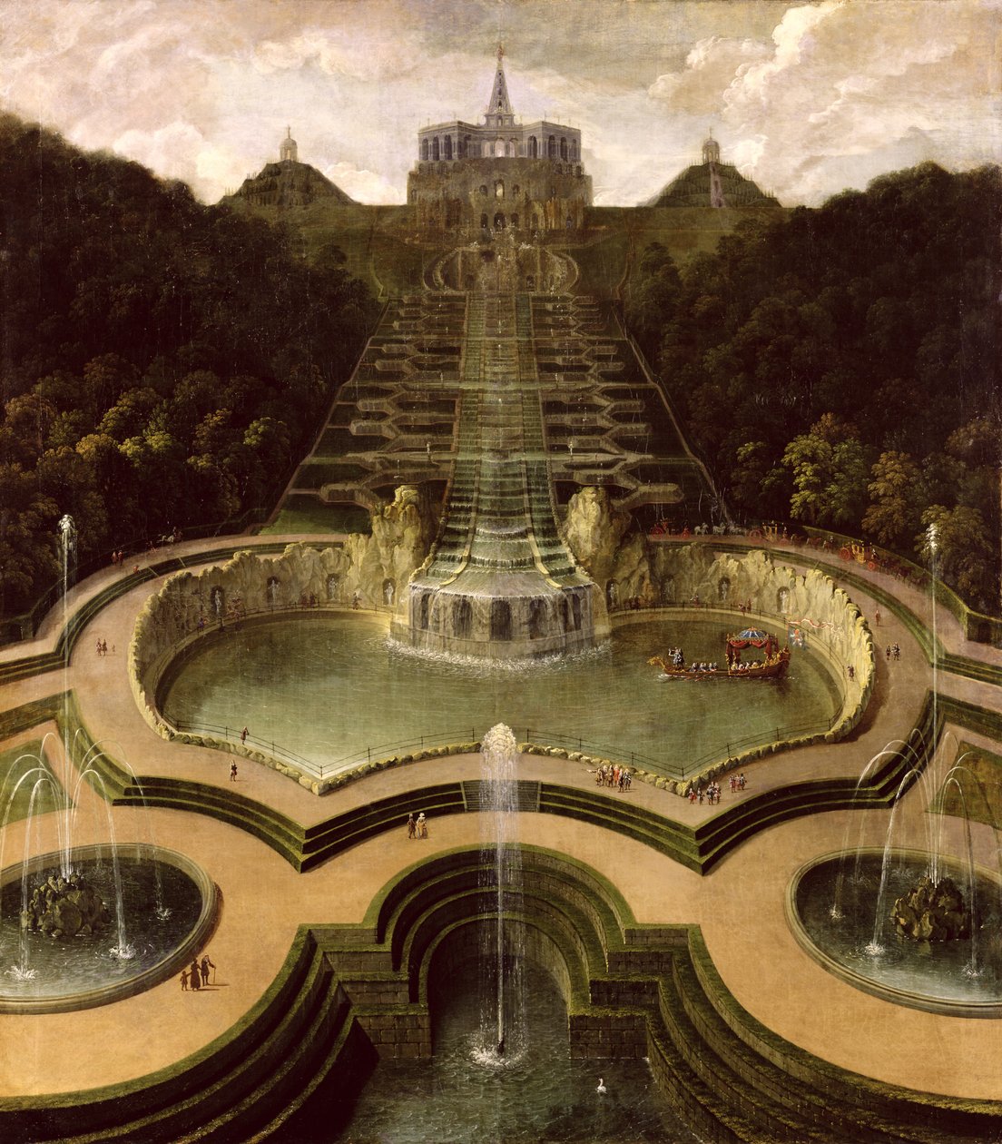 Näkymä Octagonista vesiputousten ja Neptunuksen altaiden yli, vuoden 1716 jälkeen tekijältä Jan van Nickelen