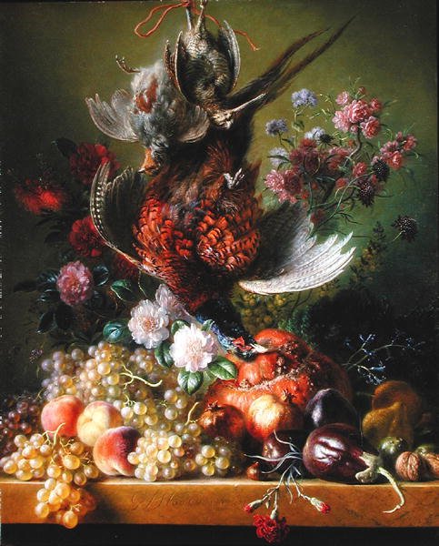Asetelma fasaanin ja kukkien kanssa, 1838-39 tekijältä Jan van Os