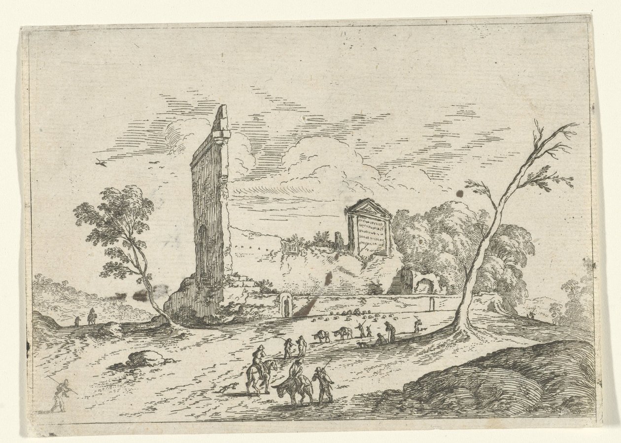 Maisema roomalaisten raunioiden ja aasinpaimenten kanssa tekijältä Jan van Ossenbeeck (attributed to)
