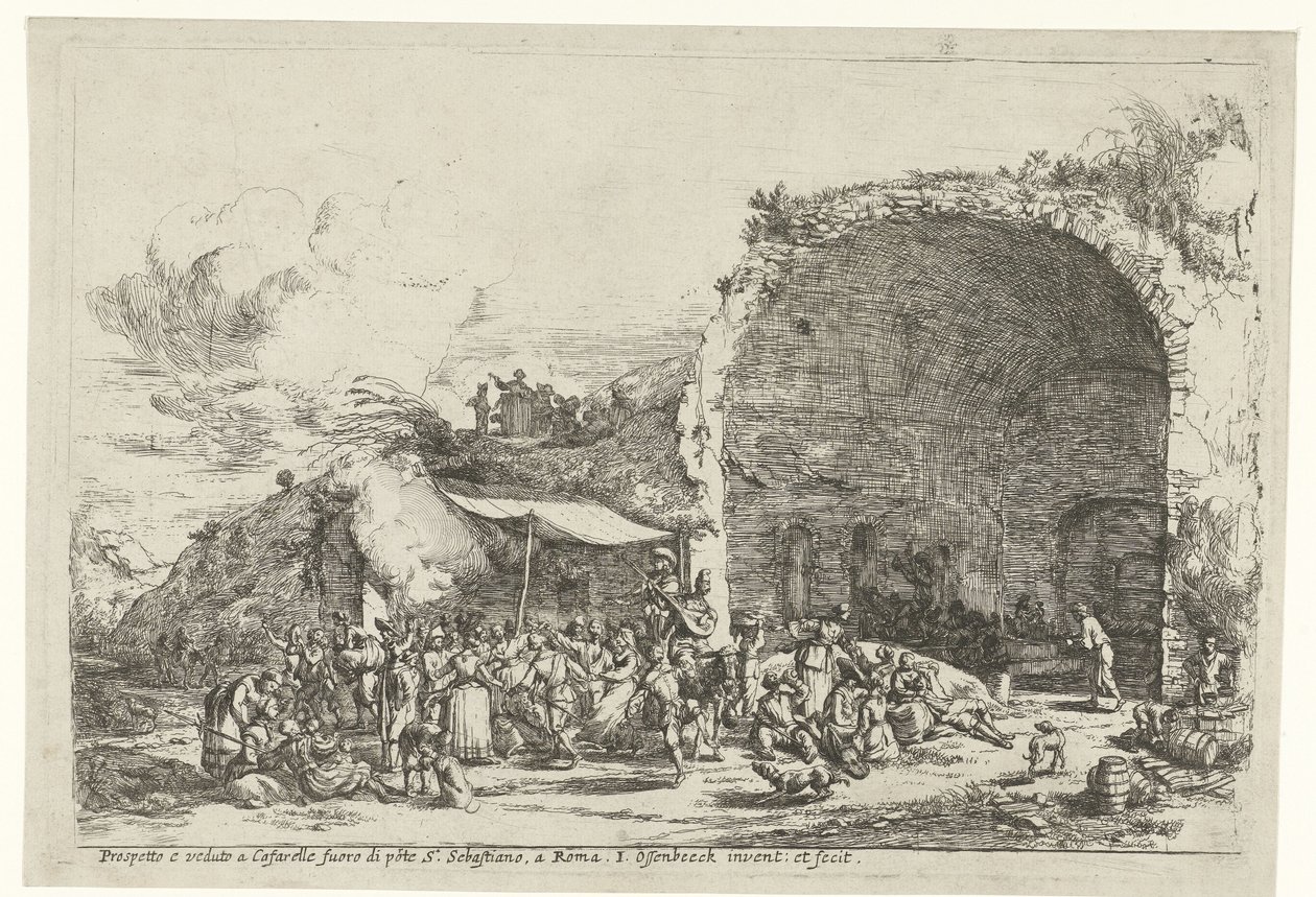 Juhlat nymfi Egerian luolan raunioilla Prospetto e veduto a Cafarelle fuoro di porte S. Sebastiano, romani (otsikko esineessä) tekijältä Jan van Ossenbeeck