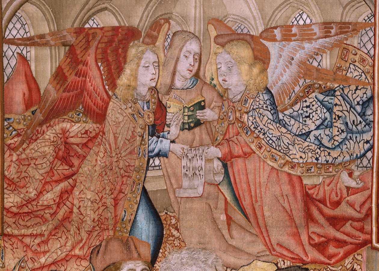 Flanderin kuvakudos. Sarja Episodes from the Life of the Virgin; Esitys temppelissä (Presentación en el Templo). Sarjan toinen kuvakudos. Jan van Roomen (tai van Brusselin) nimissä olevat mallit. Valmistus Pieter van Aelst, Bryssel. Noin 1502-1504. tekijältä Jan van Roome