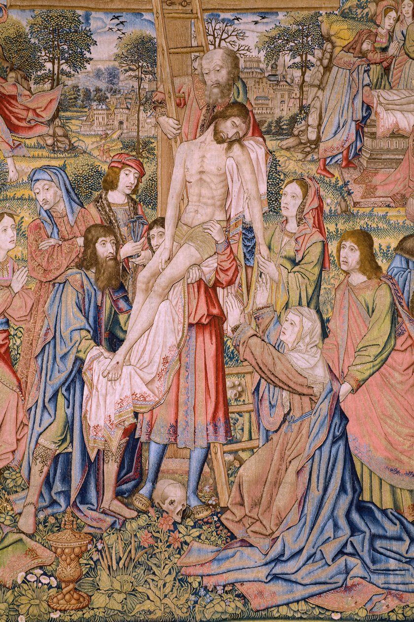 Flanderin kuvakudos. Sarja Kristuksen kärsimys: Laskeutuminen ristiltä (Kruisafneming, Descendimiento de la cruz). Valmistus Pieter van Aelst. Sarjakuvapiirtäjä Jan van Roome. Noin 1507-1520. Yksityiskohta. tekijältä Jan van Roome