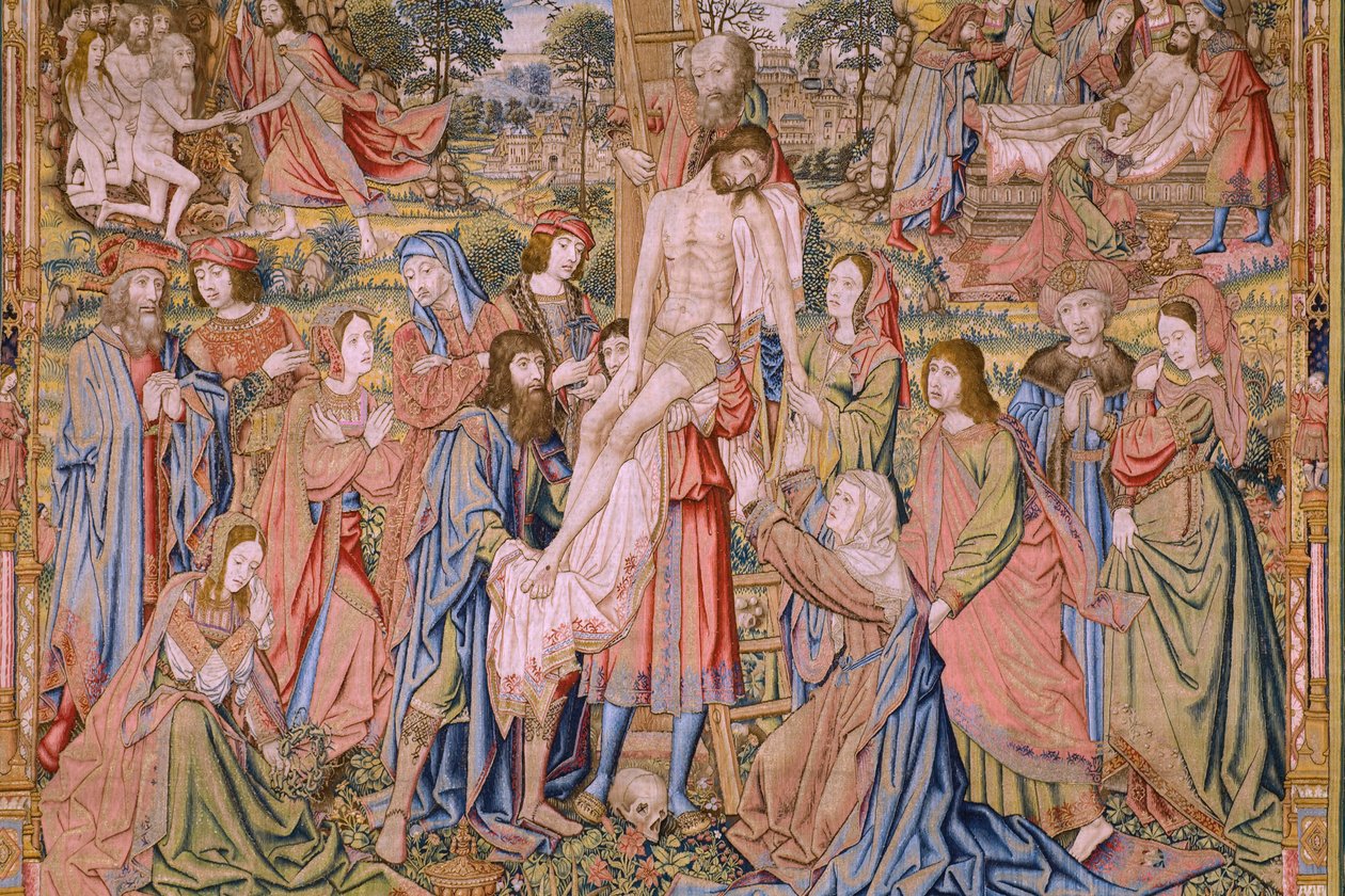 Flanderin kuvakudos. Sarja Kristuksen kärsimys: Laskeutuminen ristiltä (Kruisafneming, Descendimiento de la cruz). Valmistus Pieter van Aelst. Sarjakuvapiirtäjä Jan van Roome. Noin 1507-1520. Yksityiskohta. tekijältä Jan van Roome
