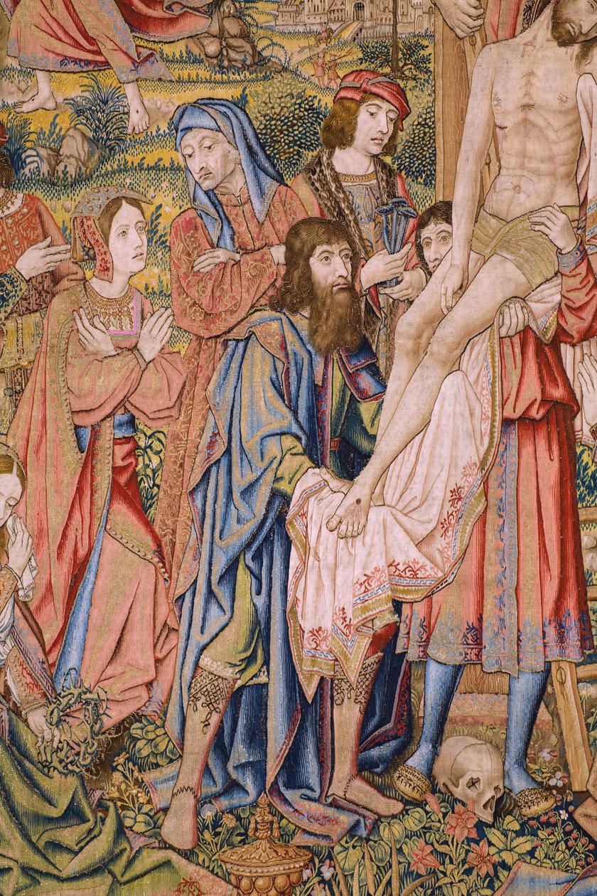 Flanderin kuvakudos. Sarja Kristuksen kärsimys: Laskeutuminen ristiltä (Kruisafneming, Descendimiento de la cruz). Valmistus Pieter van Aelst. Sarjakuvapiirtäjä Jan van Roome. Noin 1507-1520. Yksityiskohta. tekijältä Jan van Roome
