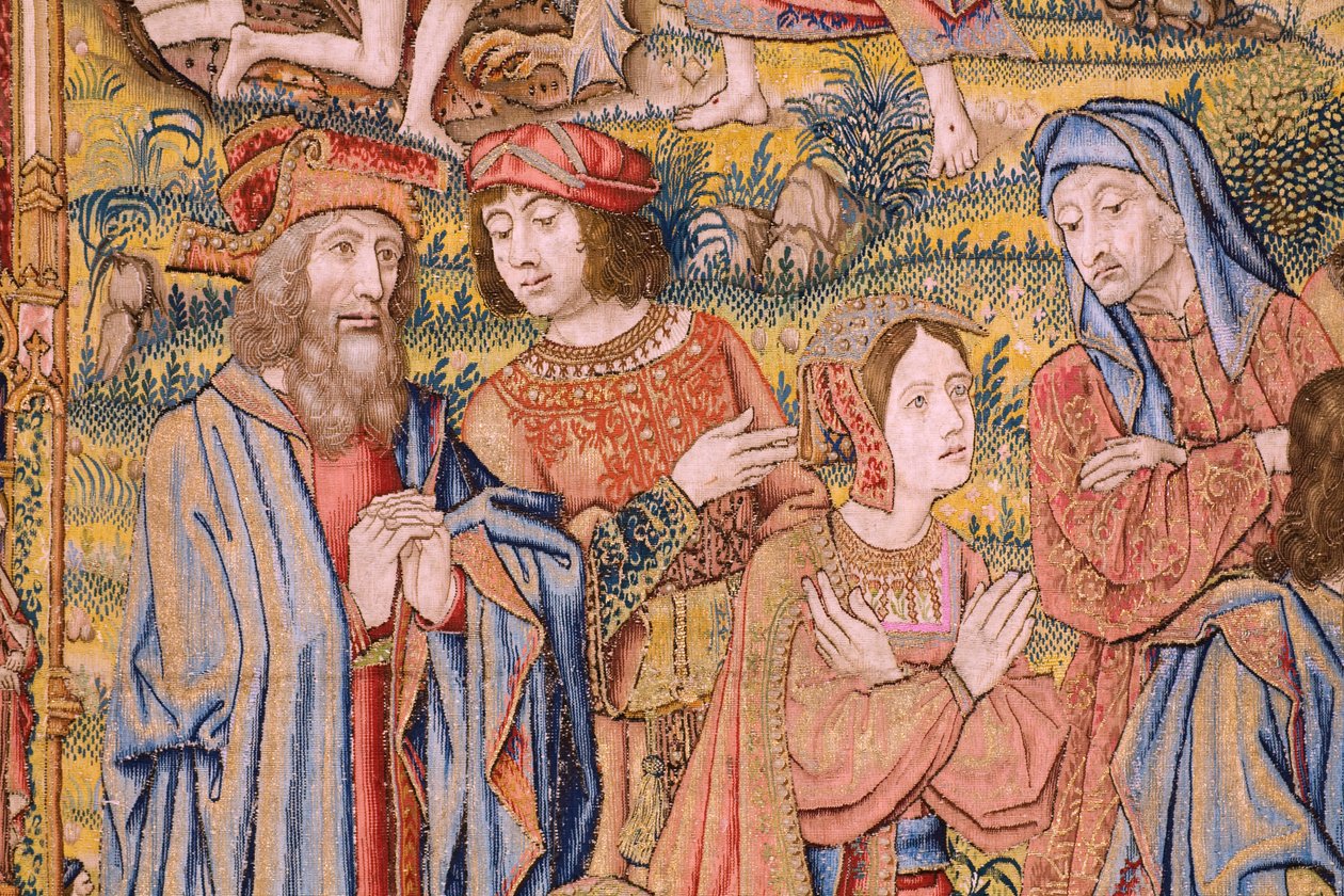 Flanderin kuvakudos. Sarja Kristuksen kärsimys: Laskeutuminen ristiltä (Kruisafneming, Descendimiento de la cruz). Valmistus Pieter van Aelst. Sarjakuvapiirtäjä Jan van Roome. Noin 1507-1520. Yksityiskohta. tekijältä Jan van Roome