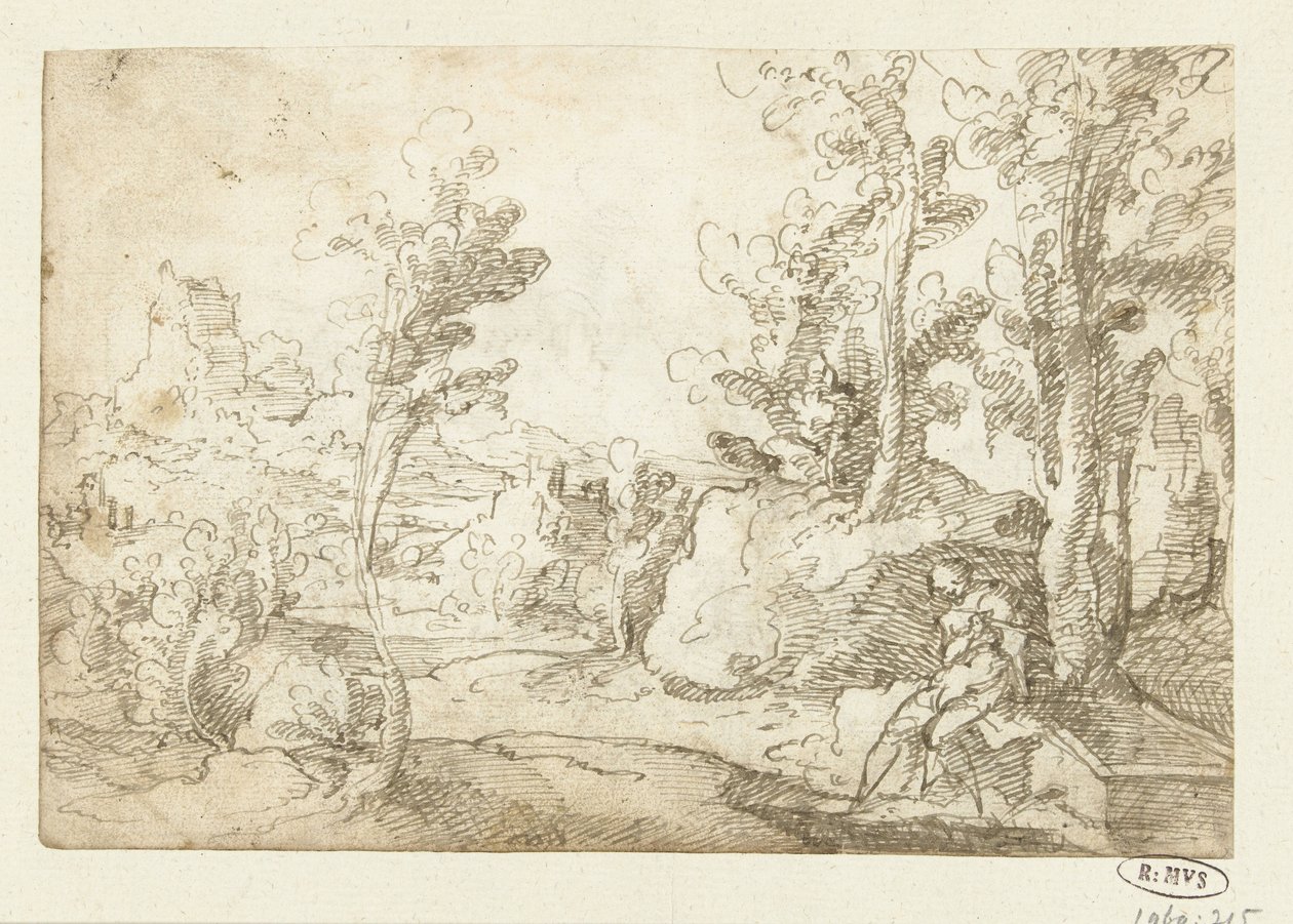 Maisema, jossa hahmo istuu kaivon vieressä tekijältä Jan van Scorel (attributed to)