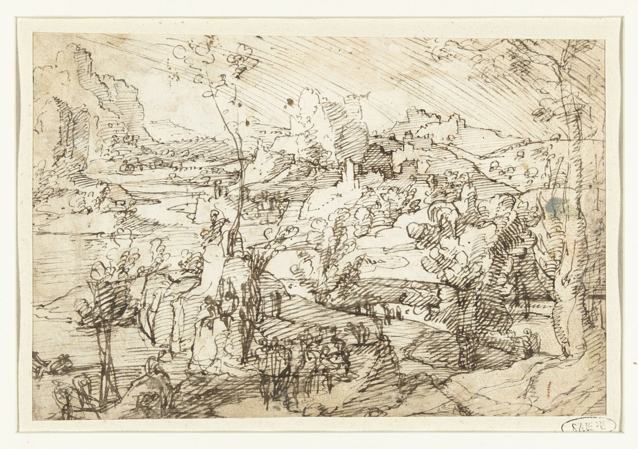 Maisema kivillä, hahmoilla ja purjelaivalla tekijältä Jan van Scorel (attributed to)