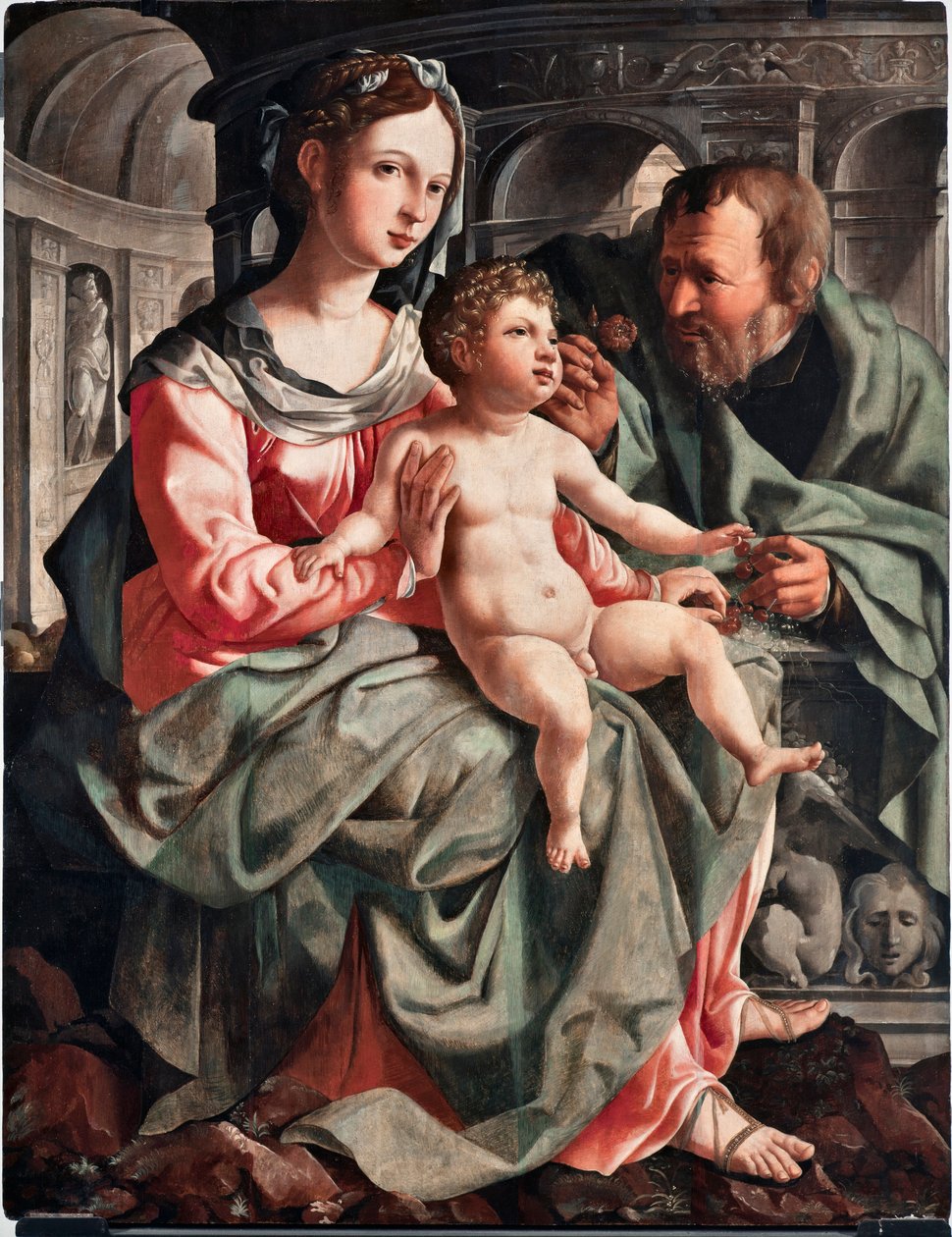 Pyhä perhe Jan Van Scorelin (1495-1562) maalaus 1522 Koko 130x100 cm Genes, Musei di Strada Nuova (ex Palazzo Bianco) Italia tekijältä Jan van Scorel