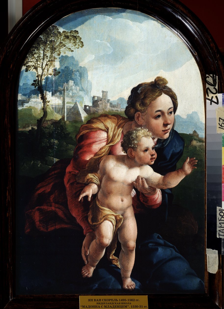 Neitsyt ja lapsi (Neitsyt ja lapsi). Jan Van Scorelin (1495-1562) maalaus. Öljy puulle, 66 x 45 cm tekijältä Jan van Scorel
