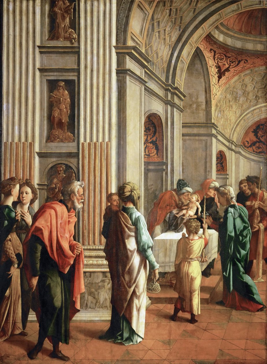 Esitys temppelissä - Jan van Scorel (1495-1562). Öljy puulle, n. 1530-1536. Mitat: 114x85 cm. Taidehistoriallinen museo, Vienne tekijältä Jan van Scorel