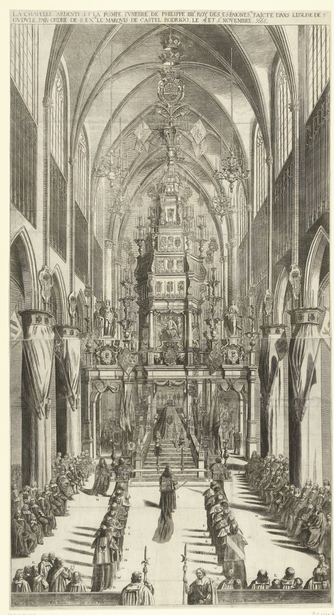 Lijkdienst voor Filips IV te Brussel, 1665 Palava kappeli ja Philippe IIIe roy des Espaignesin hautajaiskulkue, joka on tehty Ste. Gudule s:n järjestyksessä. ylimääräinen. Castel Rodrigon markiisi 4. ja 5. marraskuuta 1665 (otsikko esineessä) tekijältä Jan van Troyen