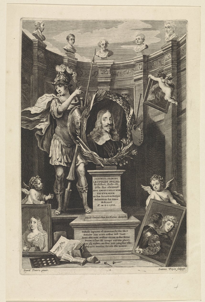 Itävallan arkkiherttua Leopold Williamin muotokuva taiteen keräilijänä Theatrum Pictorium (sarjan nimi) Nimisivu: David Teniers, Theatrum Pictorium, 1658 tekijältä Jan van Troyen