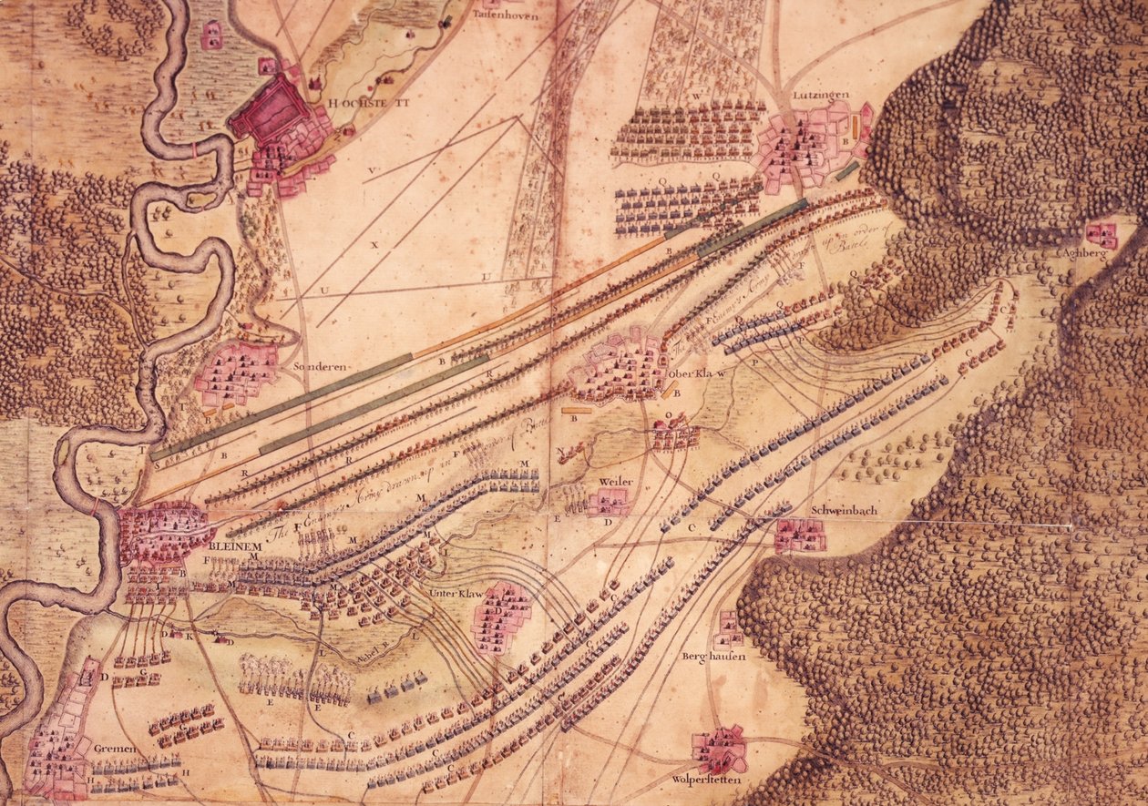 Blenheimin taistelun suunnitelma, n. 1705 (väri litho) tekijältä Jan van Vianen