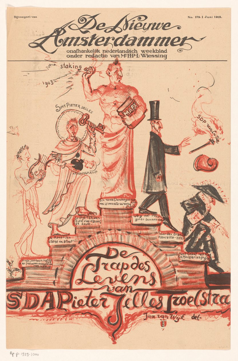 Nimisivu: "The New Amsterdammer", 18. kesäkuuta 1918 The Staircase of Life, kirjoittanut SDAPieter Jelles Troelstra (otsikko esineessä) tekijältä Jan van  Wijk