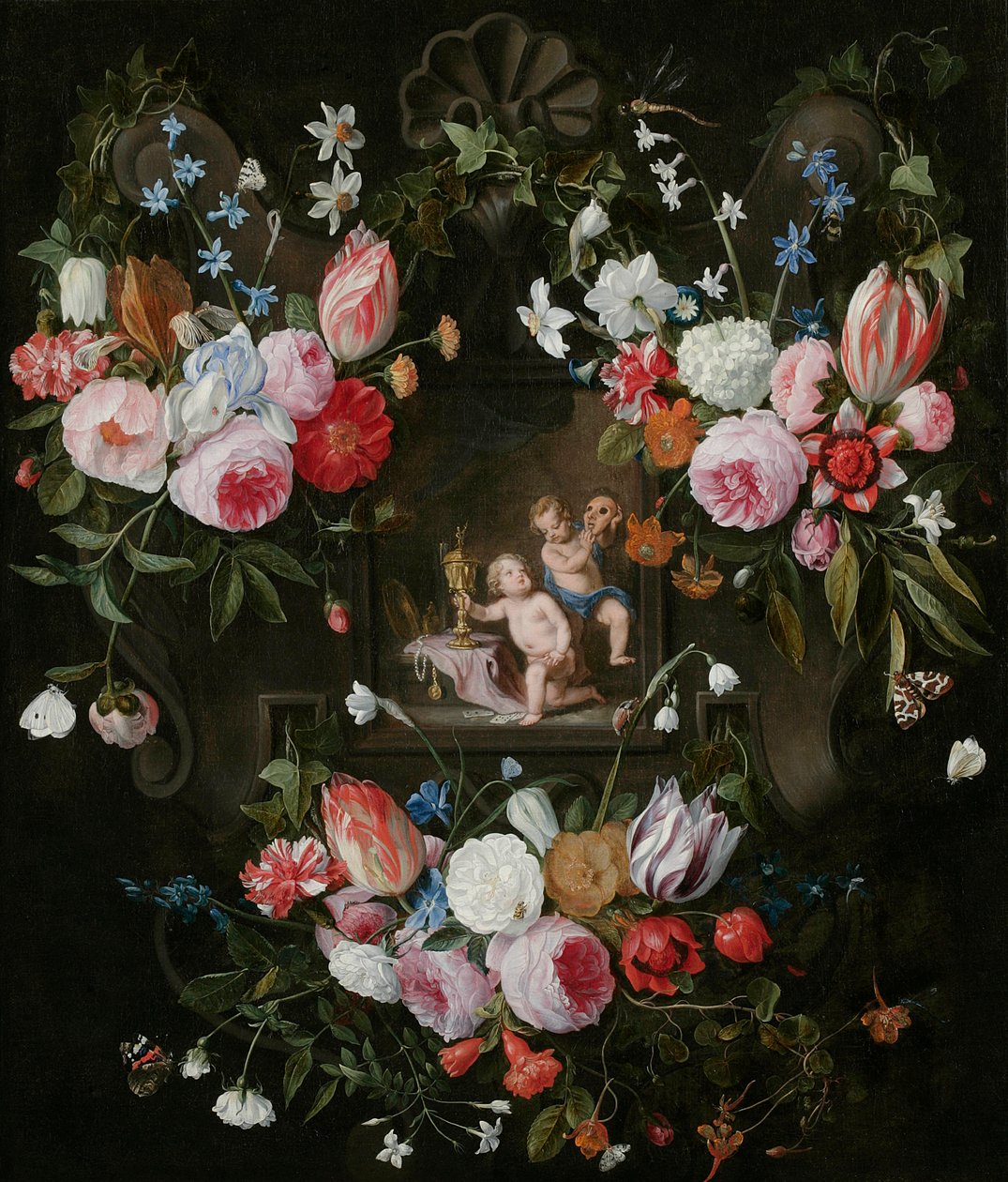 Cartouche-asetelma kukista allegorisen kuvan ympärillä Putista kalliilla esineillä ja naamiolla, 1648 tekijältä Jan van and Balen, Hendrik van Kessel