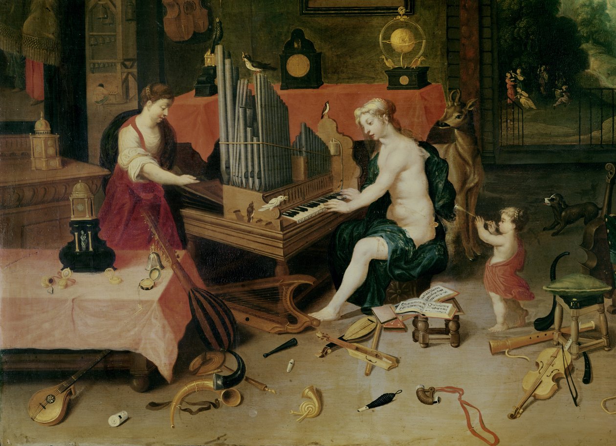 Kuulon allegoria, yksityiskohta urkurista tekijältä Jan van and Balen, Hendrik van Kessel