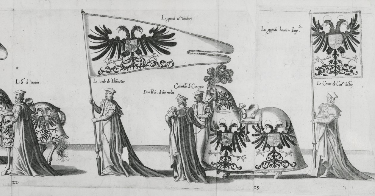 Banderollit keisari Kaarle V:n hautajaisissa 1559 tekijältä Jan van and Doetechum Doetechum the elder