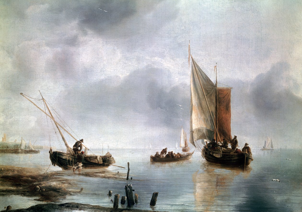 Pieni alus kevyessä ilmassa ja toinen rannalla, n. 1650-1660, Jan van de Cappellen (1624-n. 1679), öljy kankaalle, 34, 8x48 tekijältä Jan van de Capelle or Cappelle