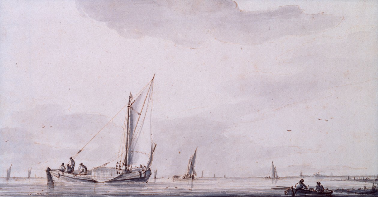 Kalastajat ja purjeveneet suistossa rauhassa (kynä, muste ja pesu) tekijältä Jan van de Capelle or Cappelle