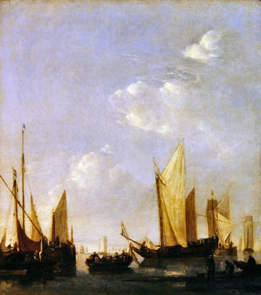 Toimitus ankkuroituna tyynelle merelle, n. 1650 (öljy paneelissa) tekijältä Jan van de Capelle or Cappelle