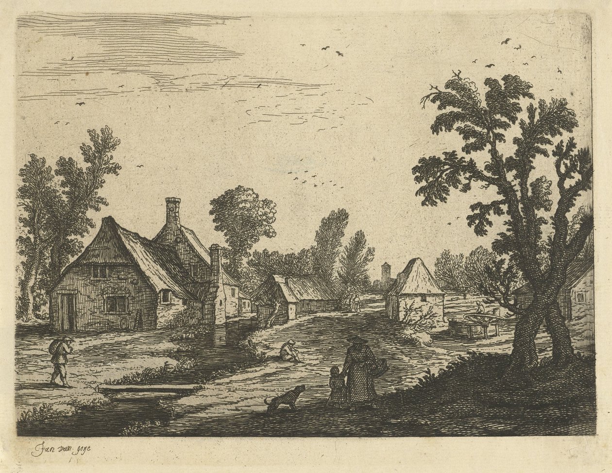 Kylänäkymä naisen ja lapsen kanssa kyläkadulla tekijältä Jan van de Cappelle (attributed to)