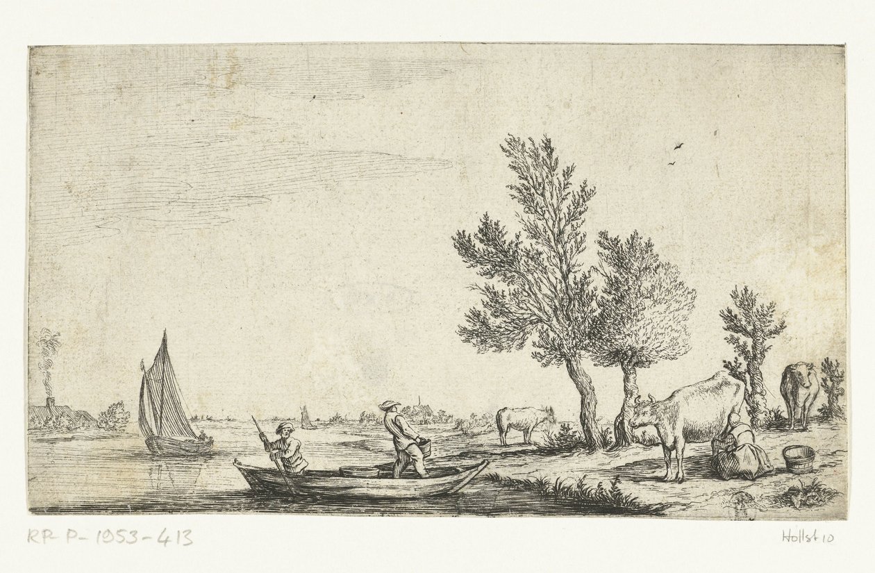 Jokimaisema, jossa kaksi miestä soutuveneessä tekijältä Jan van de Cappelle (attributed to)