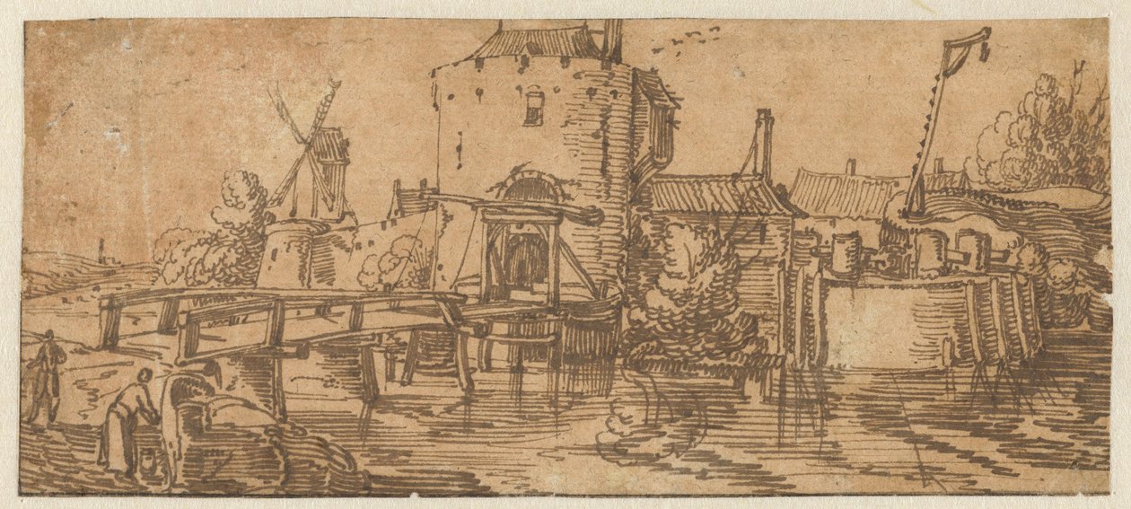 Näkymä kaupunkiin (Culemborg?), jossa on silta portin edessä tekijältä Jan van de Velde (II)