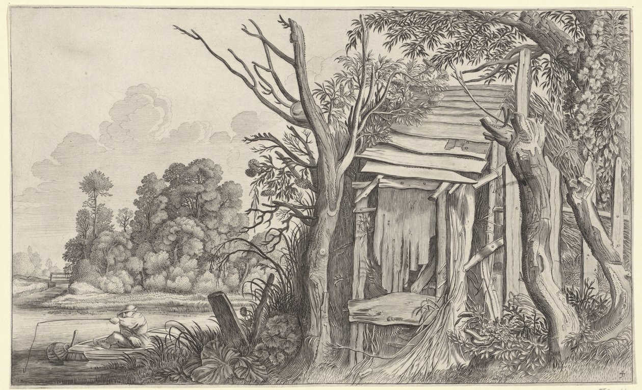 Kalastaja rappeutuneessa mökissä maisemassa Maisemat Pieter de Molijnin jälkeen (sarjan nimi) tekijältä Jan van de Velde (II)