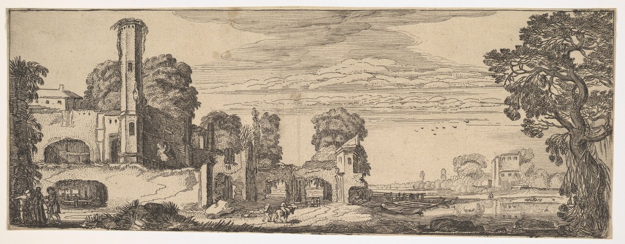 Jokimaisema linnan raunioilla julkaisusta Maisemat ja rauniot, n. 1615. tekijältä Jan van de Velde II