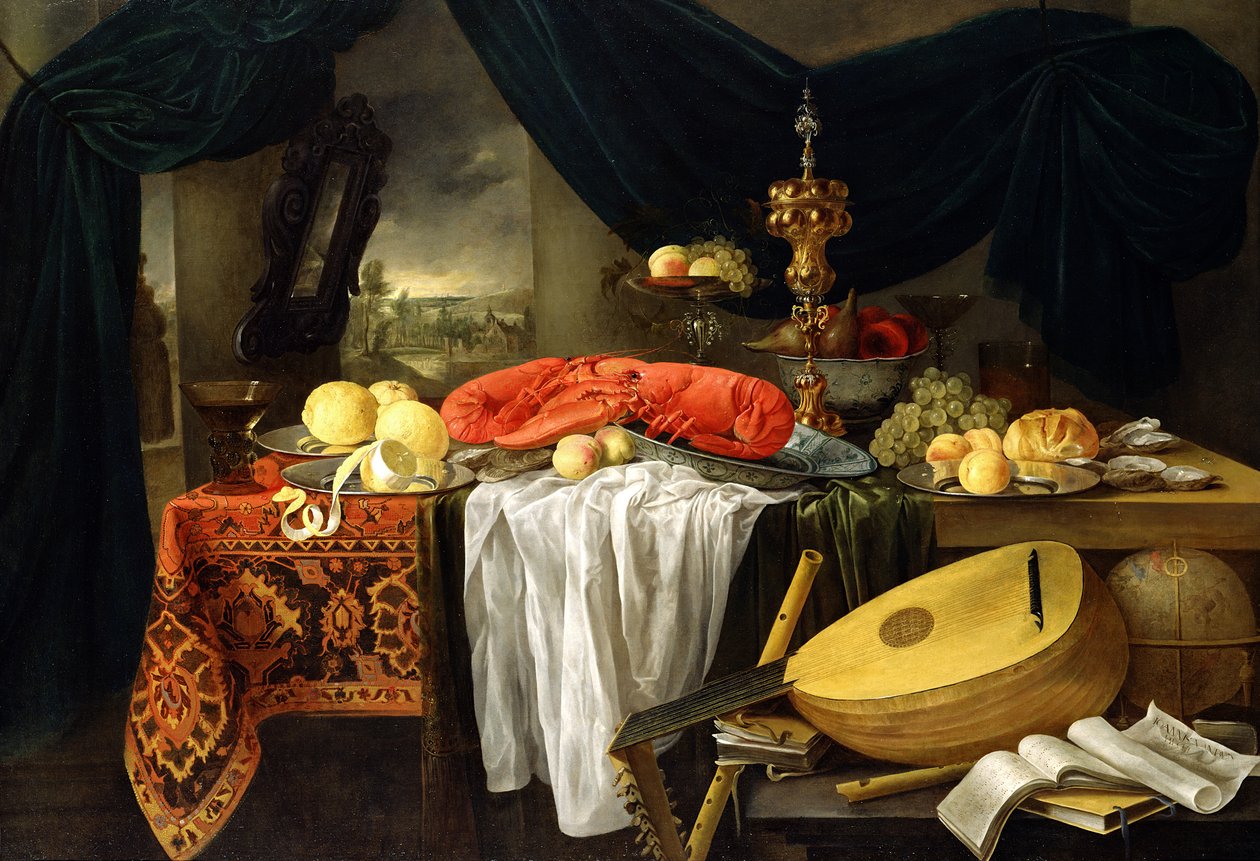 Asetelma hummerin, sitruunoiden ja luutun kanssa, 1645 tekijältä Jan van den Hecke