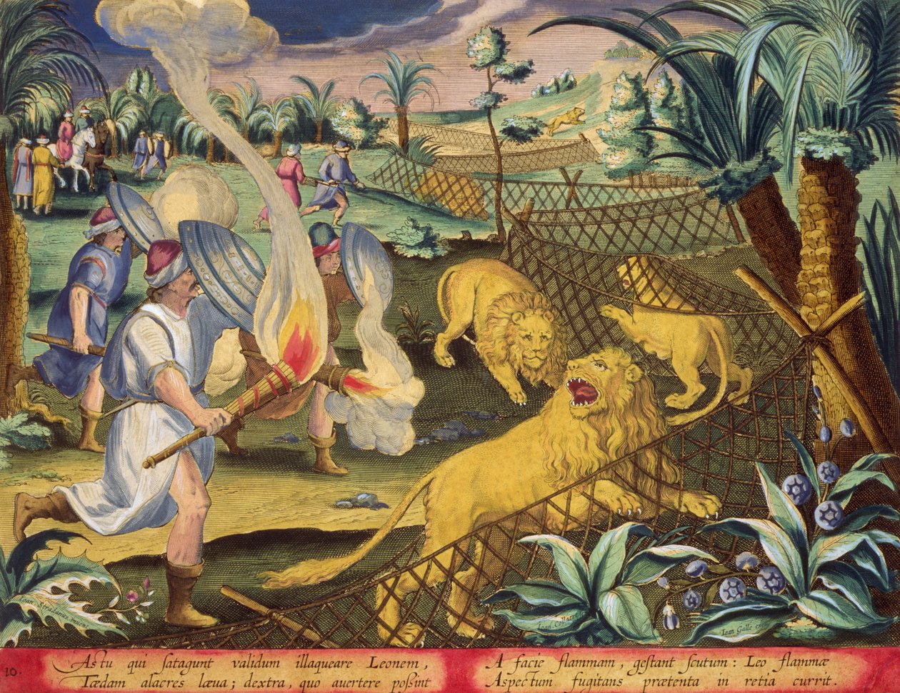 Roomalainen metsästys, luultavasti roomalaisessa Pohjois-Afrikassa, levy 10 julkaisusta "Venationes Ferarum, Avium, Piscium" (Metsästys: Wild Beasts, Birds, Fish), kaiverrettu Jan Collaert (1566-1628), julkaisija Phillipus Gallaeus Amsterdam (käsin) värill tekijältä Jan van der (1523 1605) (after) Straet