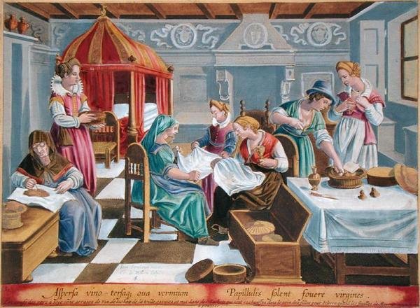 Naiset ripottelevat silkkiäistoukkien munia viinillä ja pitävät ne lämpiminä rinnoillaan, Philip Gallen (1537-1612) kaivertaman Vermis Sericuksen (Silkkiäistoukkien) levy 3 (kaiverrus) tekijältä Jan van der Straet