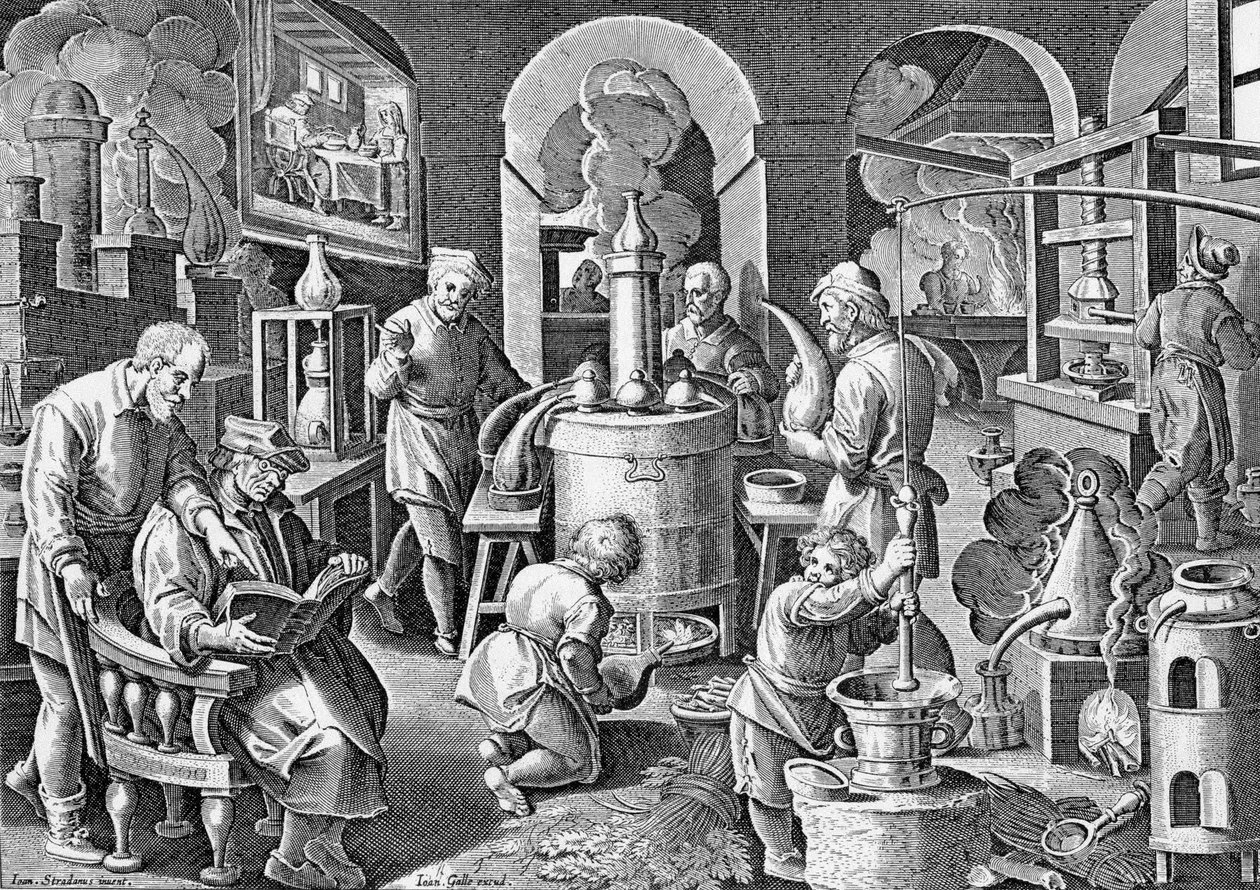 Tislaus.: Tulessa kaiken, taiteen, ruumiin ja veden mehu muuttuu eläväksi, kirkkaaksi ja voimakkaaksi. Jan van der Straetin 1500-luvun kaiverrus tislauksen eri vaiheista. tekijältä Jan van der Straet