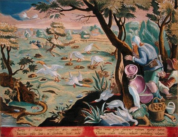 Lintujensieppaajat, jotka käyttävät syöteillä varustettuja kuoppia nostureiden pyydystämiseen, levy 40 "Venationes Ferarum, Avium, Piscium" (Metsästys: Wild Beasts, Birds, Fish), kaiverrettu Jan Collaert (1566-1628), julkaissut Phillipus Gallaeus of Amster tekijältä Jan van der Straet
