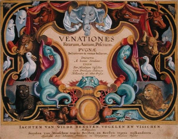 Jan Collaertin (1566-1628) kaiverruksen "Venationes Ferarum, Avium, Piscium" (Metsästyksestä: villieläimet, linnut, kalat) nimiölehti, jonka on julkaissut Phillipus Gallaeus, Amsterdam (käsin väritetty kaiverrus). tekijältä Jan van der Straet