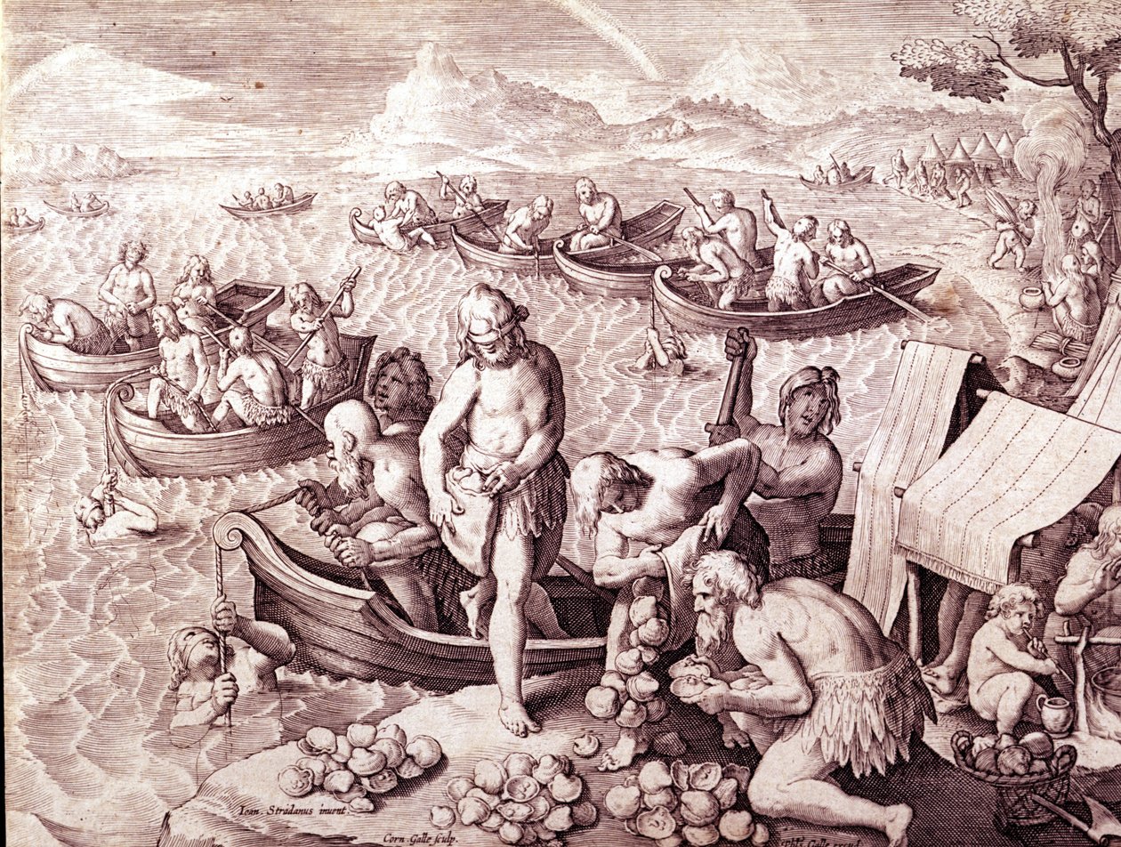 Oysterfishing. 17. vuosisata. Kaiverrus Giovanni Stradano (Jan Van Der Straet) (Johannes Stradanus) (1523-1605). tekijältä Jan van der Straet