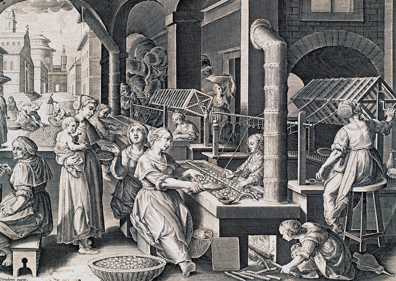 Vermis sericus, naiset kehrävät silkkiä ja lämmittävät silkkiäistoukkia tulessa, kaiverrus Stradanus (1523-1605), Italia tekijältä Jan van der Straet